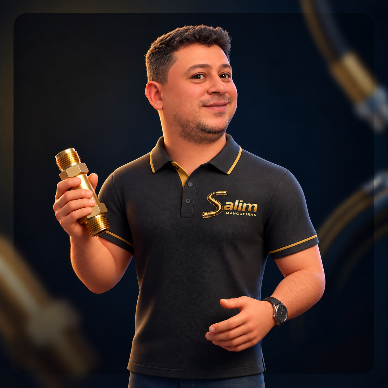 Personagem da Salim segurando uma conexão hidráulica